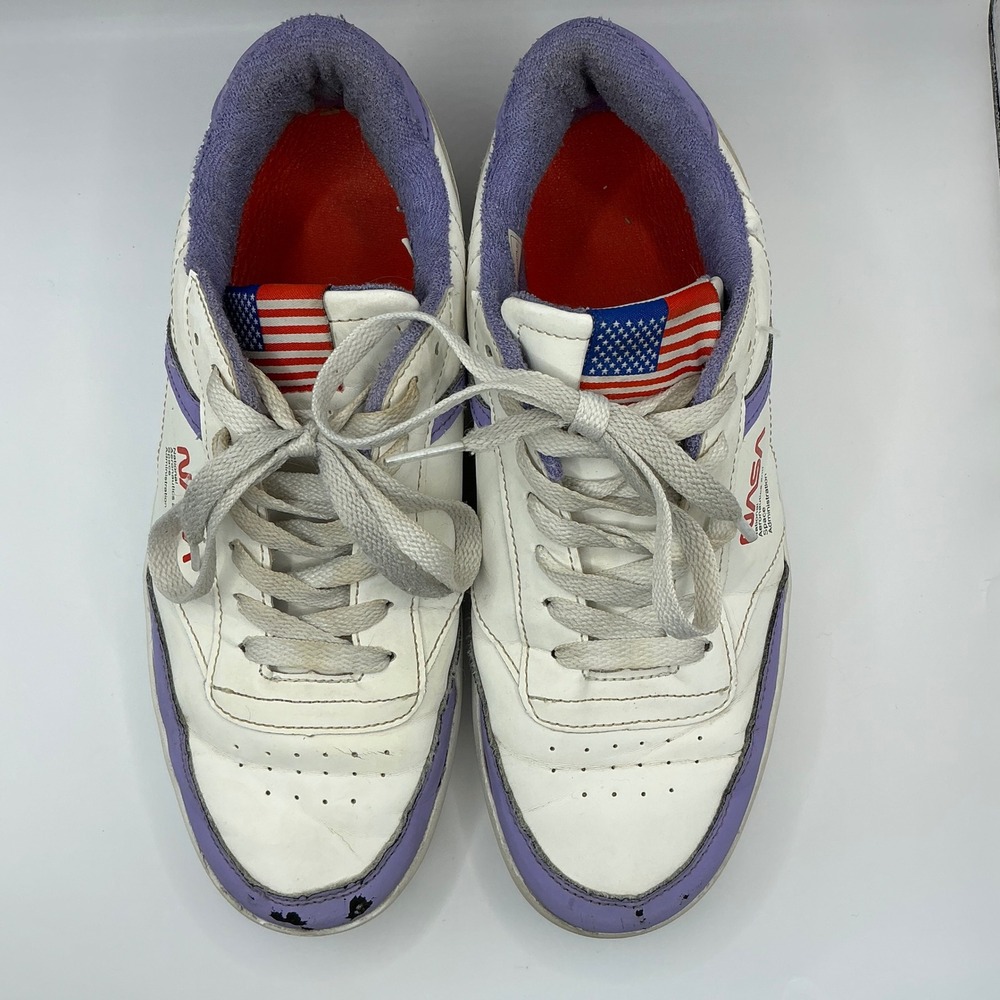 NASA Capsule Mens 7.5 White‎ Purple Low Top Sneakers NS202852 Space Logo Shoes
